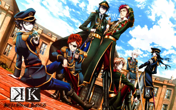 A vibrant HD wallpaper featuring characters Izumo Kusanagi, Yashiro Isana, Kuroh Yatogami, Saruhiko Fushimi, Mikoto Suoh, Misaki Yata, and Reisi Munakata from the anime K Project.