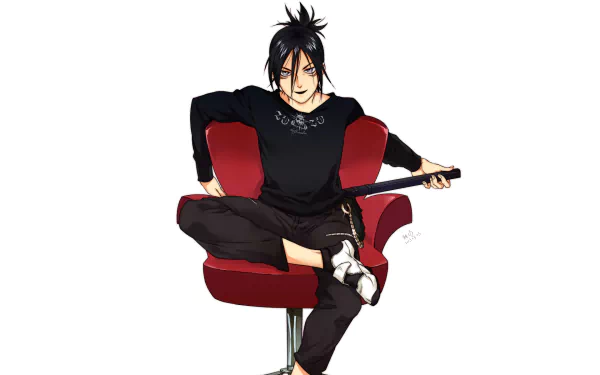 A dynamic HD desktop wallpaper featuring Sonic from One-Punch Man, seated confidently in a red chair, embodying the stylish and bold essence of anime.