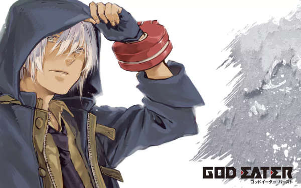 HD desktop wallpaper featuring Soma Schicksal from the anime God Eater, showcasing a character in a hooded jacket. Stylish background blends with the character design.