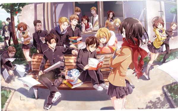 HD desktop wallpaper and background featuring characters from the anime Attack On Titan: Junior High. The scene depicts students in school uniforms, engaging in various activities around a bench.