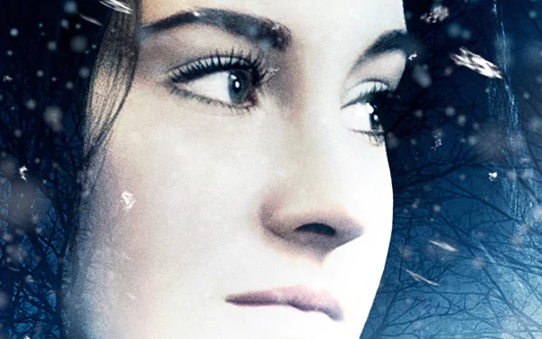Close-up of a woman's face from the movie White Bird in a Blizzard, dusted with snowflake overlay and cool blue tones — HD PC desktop wallpaper.