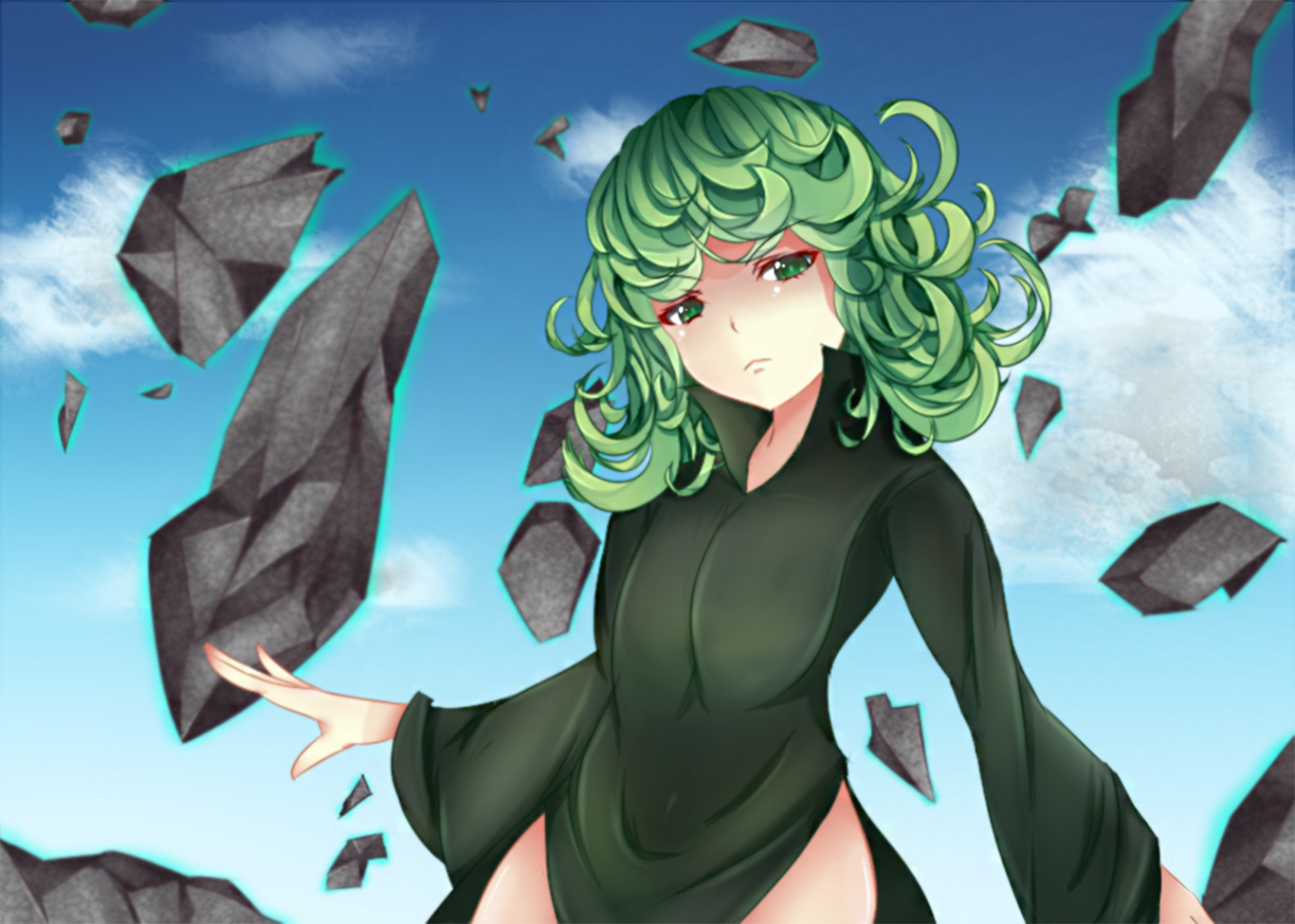 HD anime desktop wallpaper featuring Tatsumaki from One-Punch Man, depicted with floating rocks and a cloudy sky background.