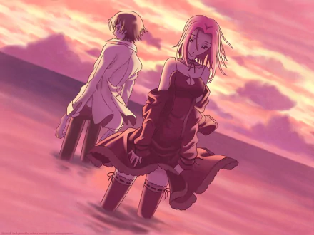 HD PC desktop wallpaper featuring Kallen Kōzuki from the anime Code Geass, set against a vivid sunset sky with warm pink and orange tones.