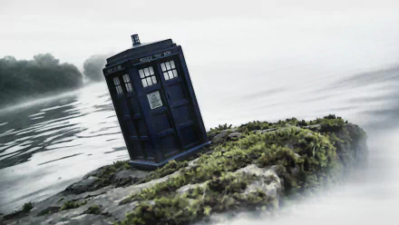A serene HD wallpaper featuring the TARDIS, the iconic police box from the TV show Doctor Who (2005), partially submerged on a mossy rock by the water.