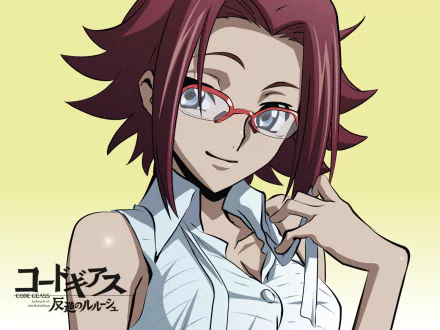 HD PC desktop wallpaper featuring Kallen Kōzuki from the anime Code Geass, showcasing her with red glasses and a confident expression against a pale yellow background.