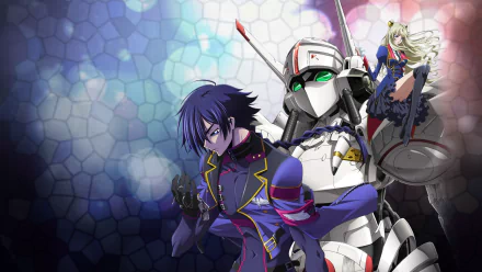 HD PC desktop wallpaper: Code Geass anime featuring Akito Hyūga and Leila Malcal beside a white Knightmare frame on a hexagonal blue-pink background.