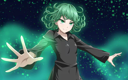 HD desktop wallpaper featuring Tatsumaki from One-Punch Man, showcasing her in an action pose against a dark, star-specked background with green energy effects.