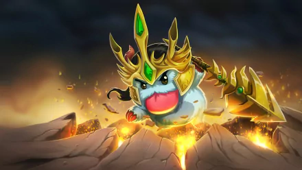 HD PC desktop wallpaper featuring Poro dressed as Jarvan IV from the video game League of Legends, showcasing vibrant colors and dynamic action elements.