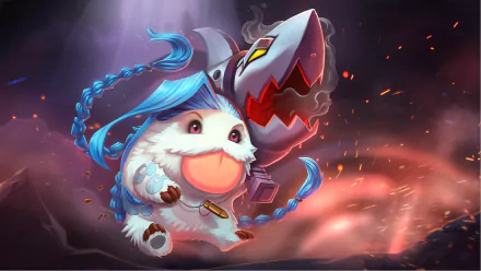 A vibrant HD desktop wallpaper featuring Poro and Jinx from League of Legends, showcasing their playful and adventurous spirit in a dynamic video game setting.