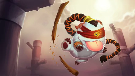 HD desktop wallpaper featuring an adorable Poro dressed as Lee Sin from League of Legends, skillfully mid-air amidst a scenic backdrop of towering pillars and a glowing sky.