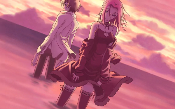 HD PC desktop wallpaper featuring Kallen Kōzuki from the anime Code Geass, set against a vivid sunset sky with warm pink and orange tones.