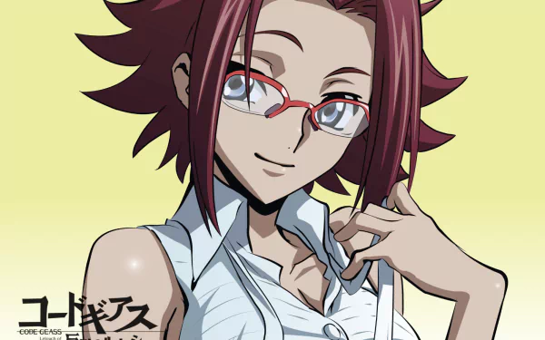 HD PC desktop wallpaper featuring Kallen Kōzuki from the anime Code Geass, showcasing her with red glasses and a confident expression against a pale yellow background.