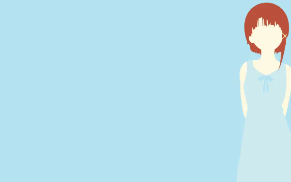 HD PC desktop wallpaper of Serial Experiments Lain: minimalist stylized Lain in a pale blue dress at right against a solid light-blue background.
