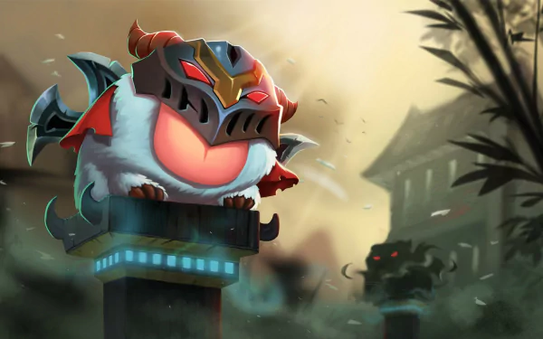 HD desktop wallpaper featuring a Poro wearing Zed's armor from the video game League of Legends. The background is a mystic landscape with ancient structures and subtle illuminations.