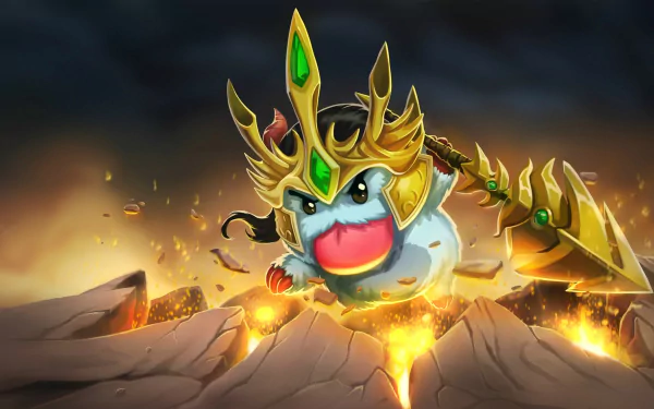 HD PC desktop wallpaper featuring Poro dressed as Jarvan IV from the video game League of Legends, showcasing vibrant colors and dynamic action elements.