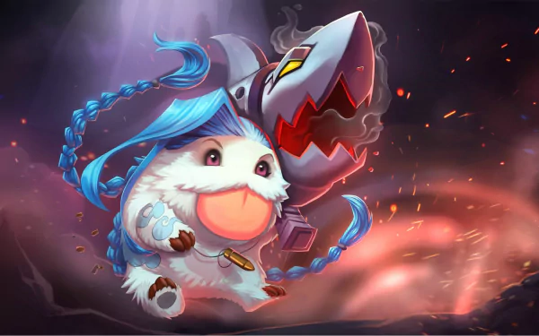 A vibrant HD desktop wallpaper featuring Poro and Jinx from League of Legends, showcasing their playful and adventurous spirit in a dynamic video game setting.