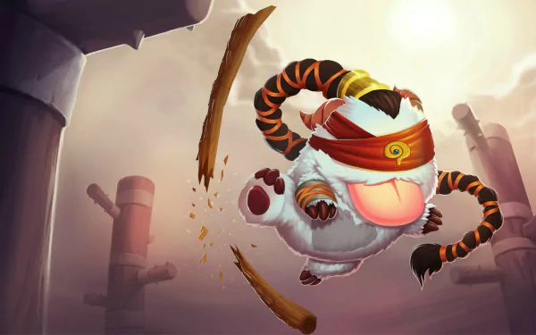 HD desktop wallpaper featuring an adorable Poro dressed as Lee Sin from League of Legends, skillfully mid-air amidst a scenic backdrop of towering pillars and a glowing sky.