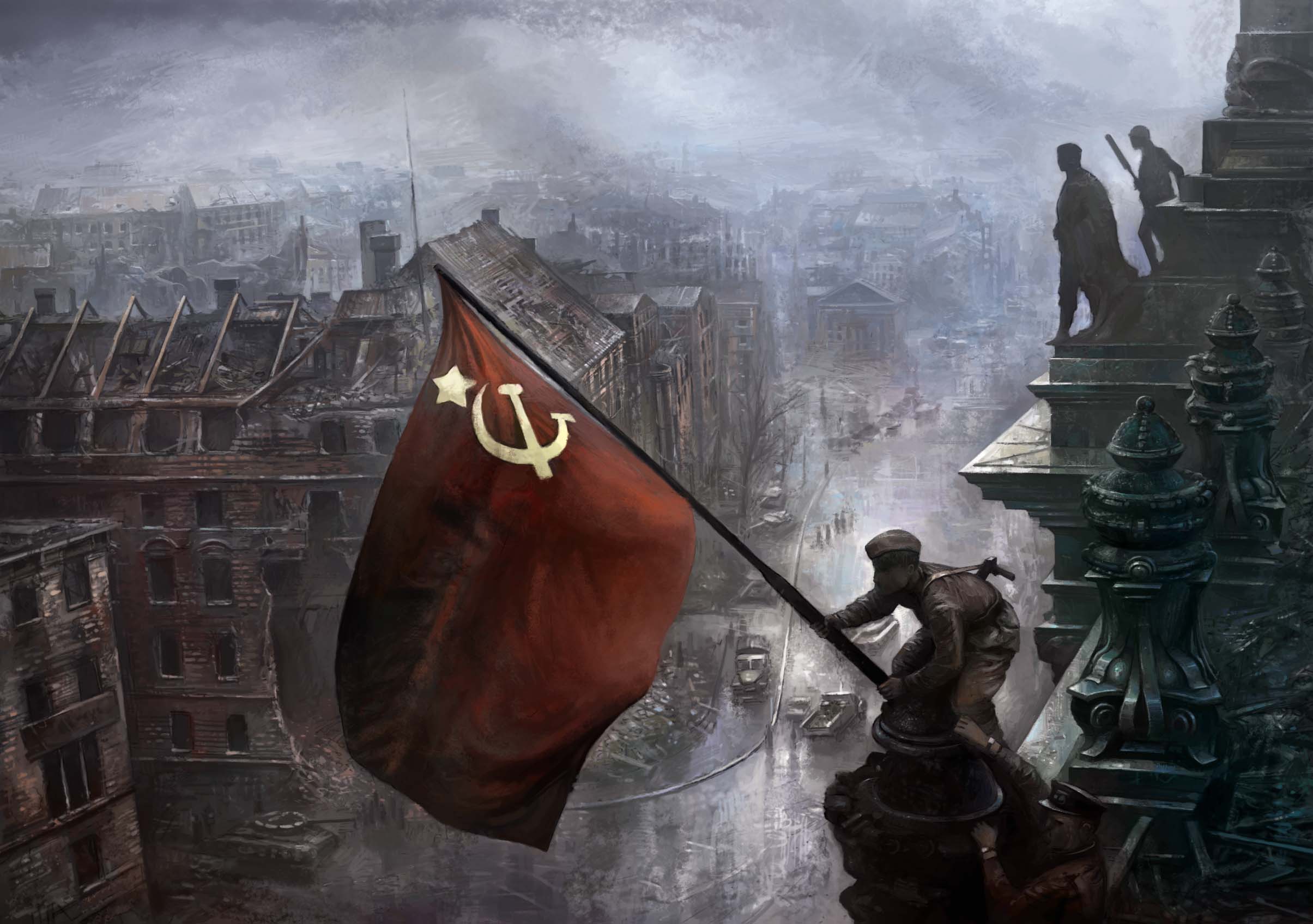 USSR flag waving in front of the Reichstag during World War II.