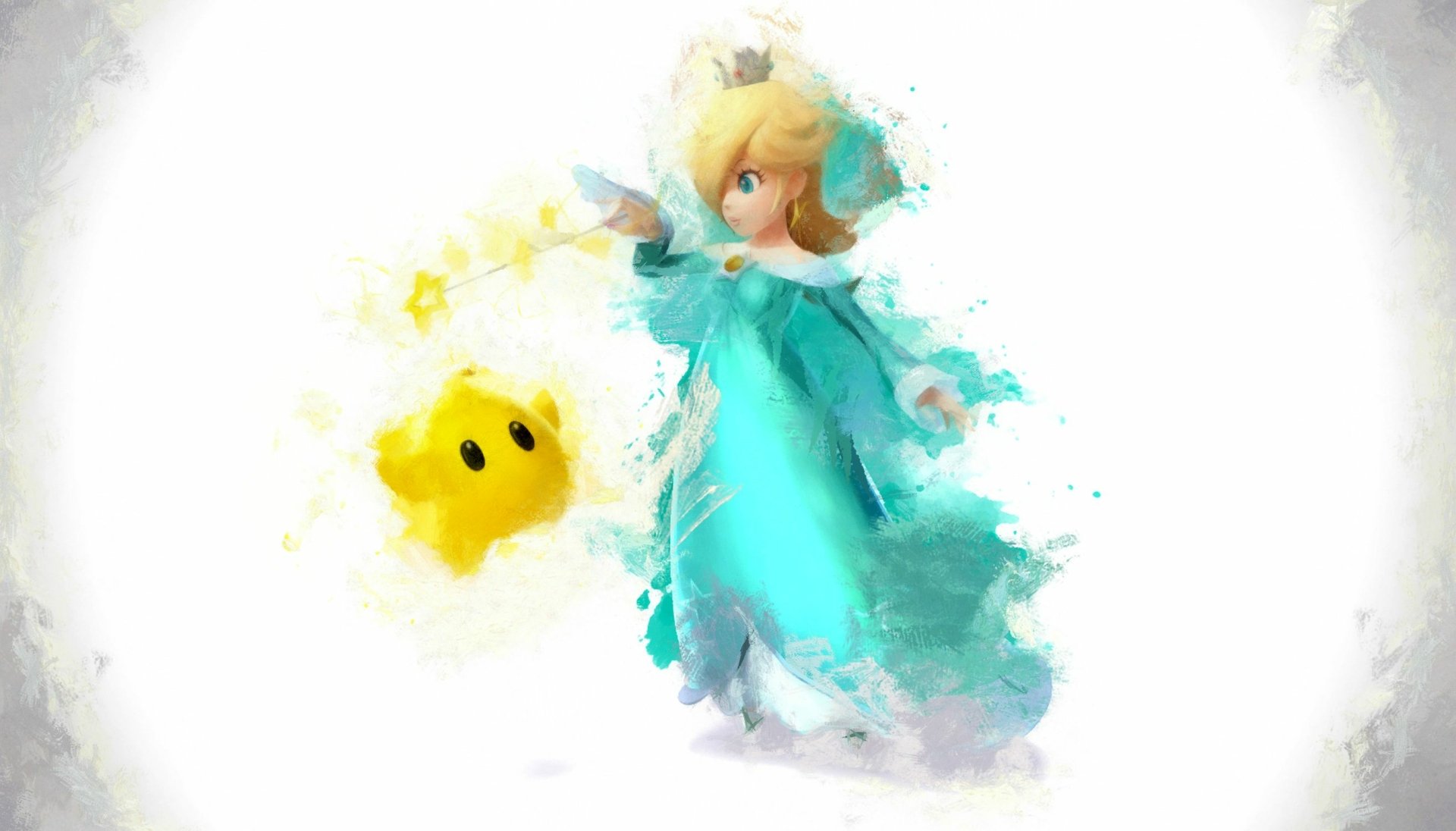 Rosalina and a yellow Luma in painterly style from Super Smash Bros. for Nintendo 3DS and Wii U, teal gown on a bright white background — 2K Quad HD PC desktop wallpaper.