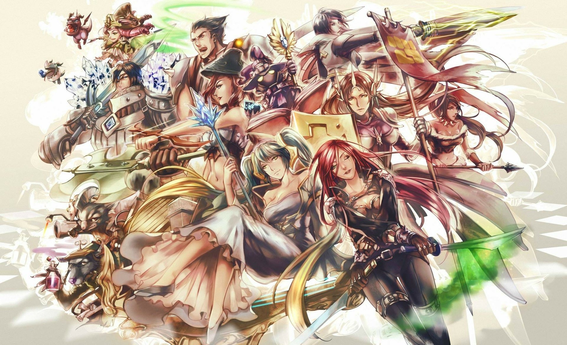 A vibrant HD wallpaper featuring characters from League of Legends, including Veigar, Darius, Fiora, Sona, Lulu, Leona, Nidalee, Miss Fortune, Katarina, and Taric.