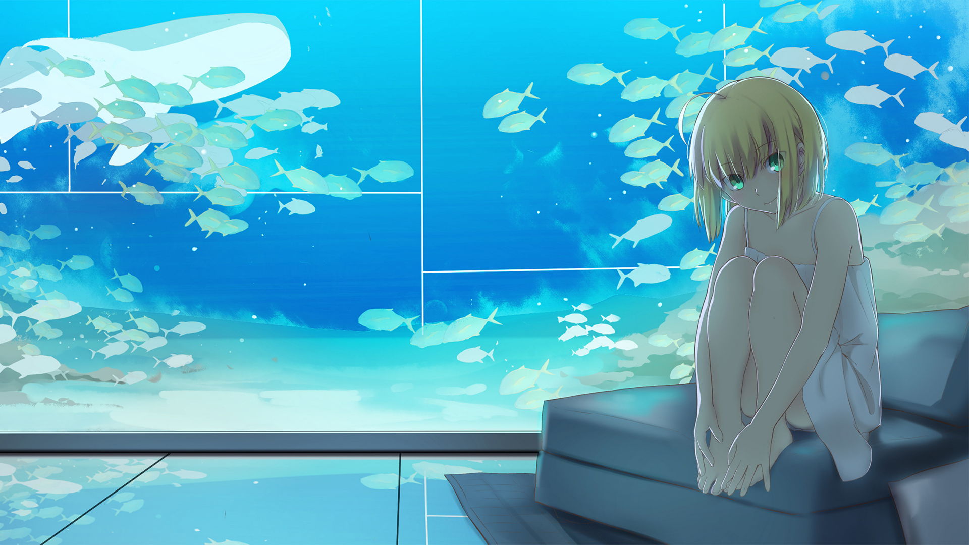 Saber from the Fate Series sits elegantly in a serene underwater setting, surrounded by colorful fish, creating a tranquil and captivating HD anime background.