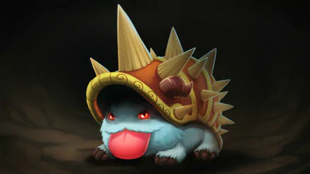 A vibrant HD wallpaper featuring Poro and Rammus from League of Legends, showcasing the adorable creature with a spiky shell and playful expression against a dark backdrop.