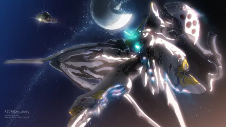 A striking HD desktop wallpaper from the anime Aldnoah.Zero, featuring a futuristic mecha against a cosmic backdrop with a planet and distant ships.