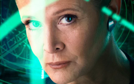 Close-up of Carrie Fisher as Princess Leia Organa from Star Wars Episode VII: The Force Awakens, featuring a striking expression and green holographic effects in the background.