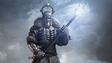 HD wallpaper of Caranthir from The Witcher 3: Wild Hunt, wielding a glowing staff under a cloudy sky.