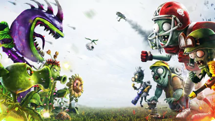 HD desktop wallpaper featuring characters from Plants vs. Zombies: Garden Warfare, including Sunflower, Cactus, Peashooter, Chomper, Scientist Zombie, Engineer Zombie, All-Star Zombie, and Foot Soldier Zombie.