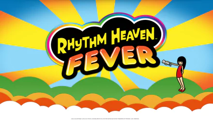 HD PC desktop wallpaper featuring the Rhythm Heaven Fever logo over a bright sunburst, rolling cartoon hills, white cloud trim and a small dancing character — video game background art.