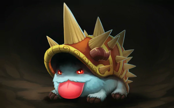 A vibrant HD wallpaper featuring Poro and Rammus from League of Legends, showcasing the adorable creature with a spiky shell and playful expression against a dark backdrop.