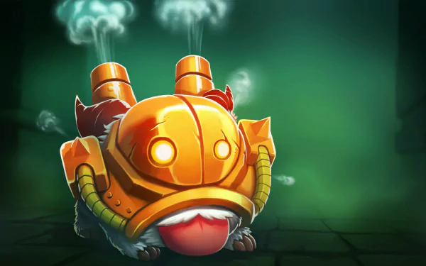 A vibrant HD desktop wallpaper featuring Poro from League of Legends, adorned with Blitzcrank's signature orange gear, set against a mysterious green background.