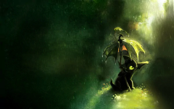 Toothless from How to Train Your Dragon 2 stands in a lush, rain-soaked landscape, holding a green umbrella, showcasing a serene moment from the beloved movie.