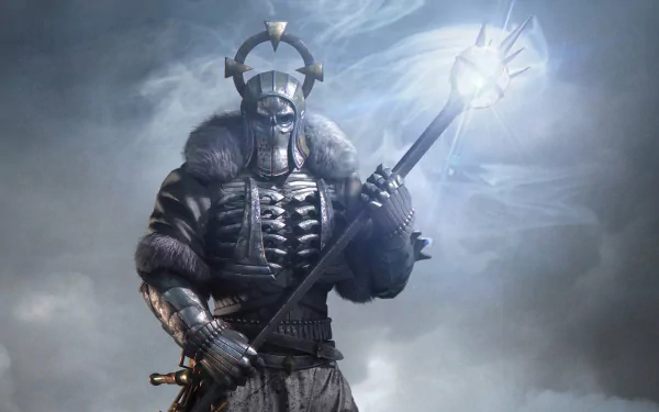 HD wallpaper of Caranthir from The Witcher 3: Wild Hunt, wielding a glowing staff under a cloudy sky.