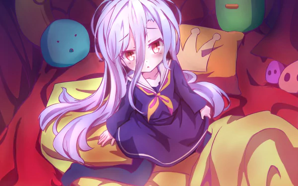 HD desktop wallpaper featuring Shiro from No Game No Life. Shiro is depicted sitting on a colorful bed surrounded by pillows, in a detailed and vibrant anime art style.