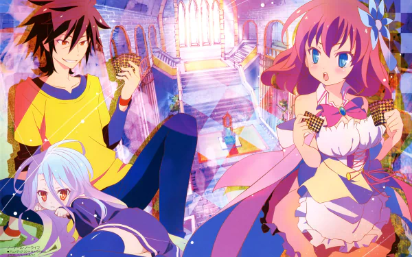 A vibrant HD wallpaper featuring characters Stephanie Dola, Sora, and Shiro from the anime No Game No Life, set against a colorful, dreamy background.