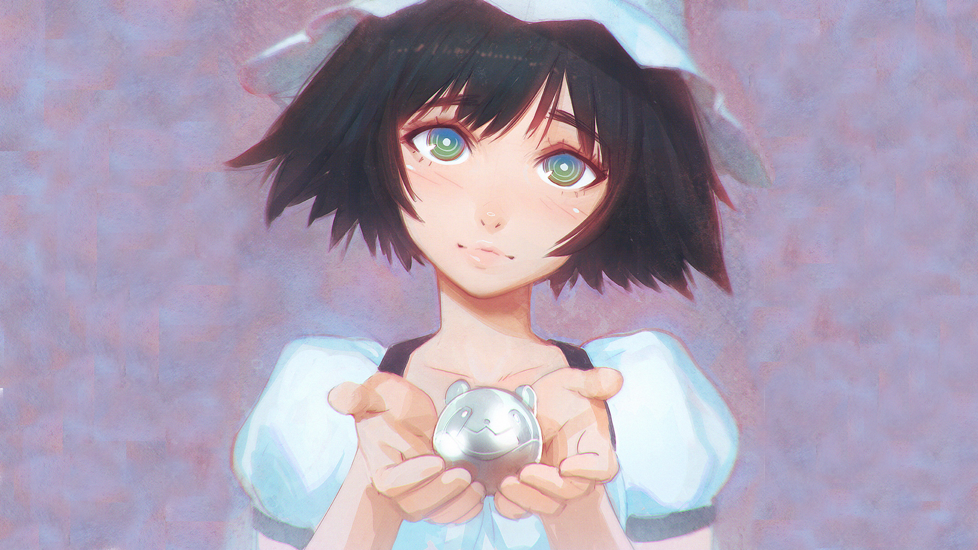 A beautiful HD desktop wallpaper from Steins;Gate featuring a girl with short black hair and striking green eyes, holding a small silver object in her hands.
