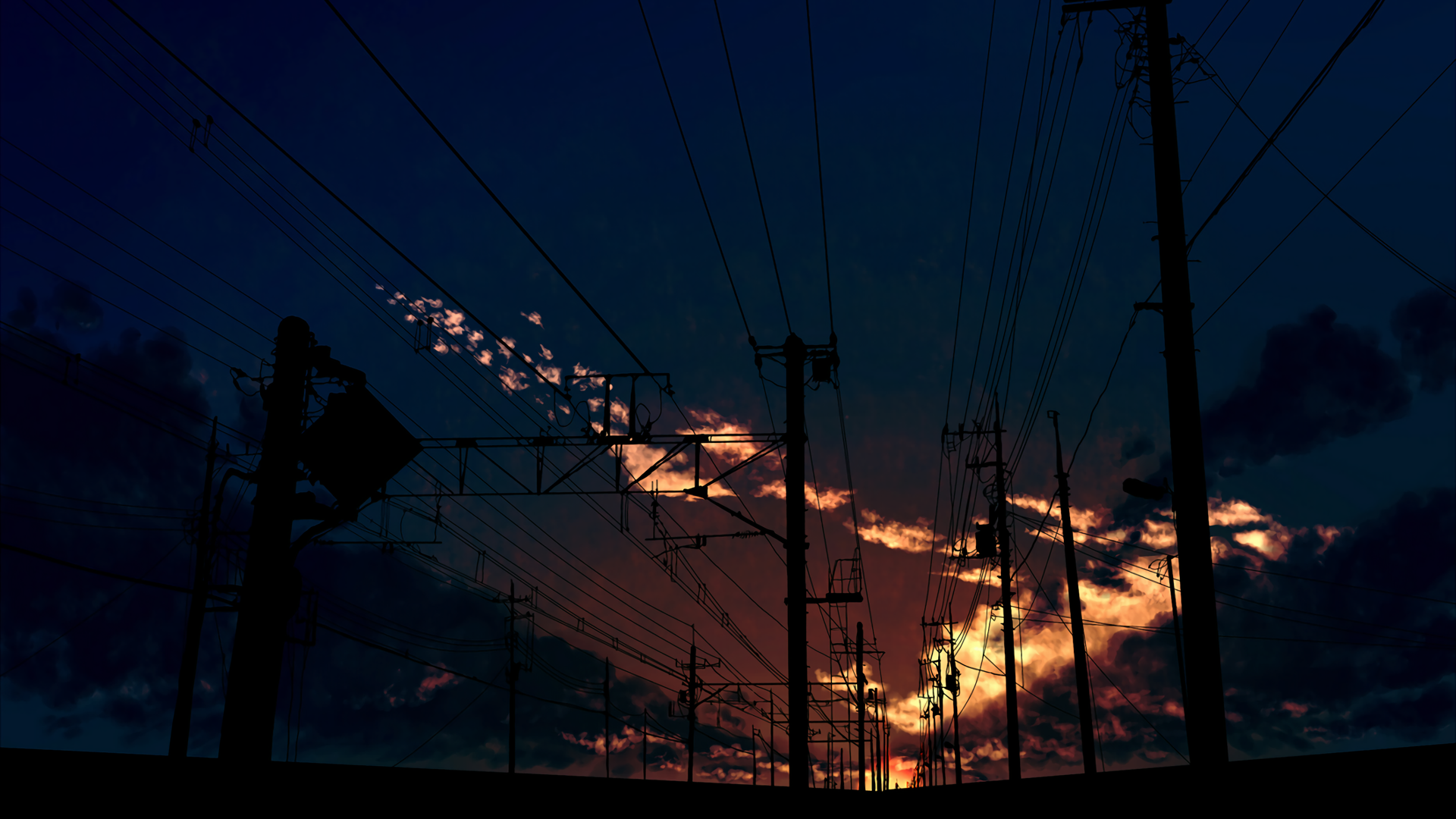 An HD fantasy sunset landscape with silhouetted power lines against a dramatic sky filled with vivid light and clouds. This scene creates a captivating and serene desktop wallpaper background.