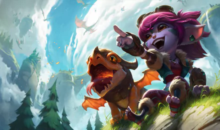 HD desktop wallpaper of Tristana from League of Legends alongside a dragon, set in a scenic, vibrant background. This video game artwork showcases an adventurous and colorful theme.