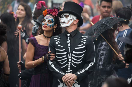 A vibrant scene from Spectre featuring Stephanie Sigman as Estrella alongside Daniel Craig as James Bond, set against a lively backdrop of Day of the Dead festivities.
