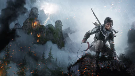 Lara Croft in Rise of the Tomb Raider crouches on a rock in a stormy scene with a mysterious castle in the background. HD desktop wallpaper and background.