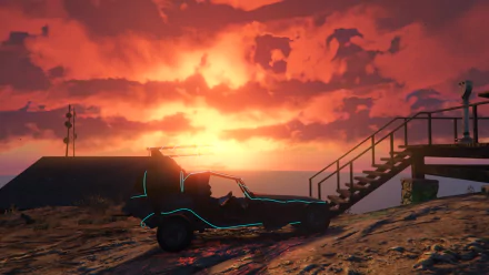 HD PC desktop wallpaper from the video game Grand Theft Auto V, featuring a silhouetted vehicle against a vibrant sunset sky near a stairway and beach setting.