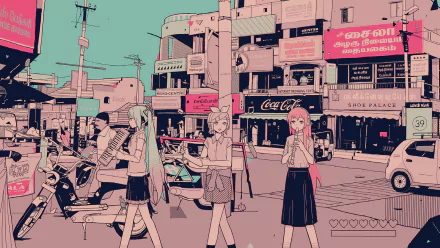 HD anime-style PC wallpaper featuring Vocaloid characters Rin Kagamine, Luka Megurine, and Hatsune Miku in a retro urban setting with pastel tones.