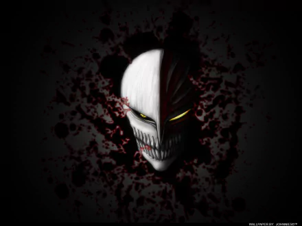 HD desktop wallpaper featuring Hollow Ichigo from the anime Bleach. The image showcases a menacing mask with glowing yellow eyes against a dark, splattered background.