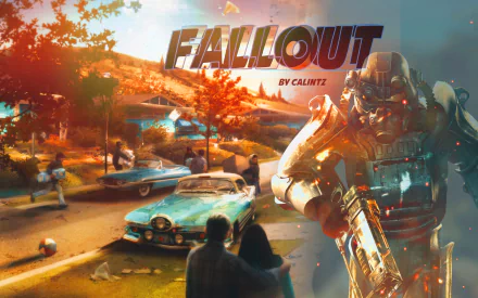 A vibrant HD wallpaper featuring characters and elements from Fallout 4, showcasing a post-apocalyptic scene with a vintage car and a robotic figure amidst colorful surroundings.