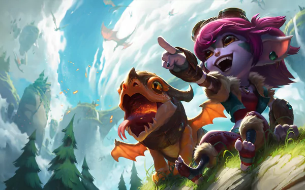 HD desktop wallpaper of Tristana from League of Legends alongside a dragon, set in a scenic, vibrant background. This video game artwork showcases an adventurous and colorful theme.