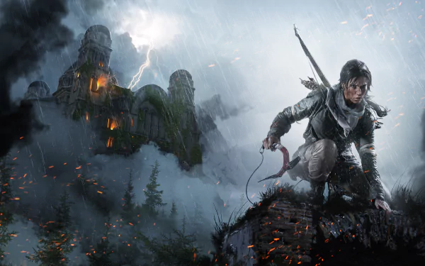 Lara Croft in Rise of the Tomb Raider crouches on a rock in a stormy scene with a mysterious castle in the background. HD desktop wallpaper and background.