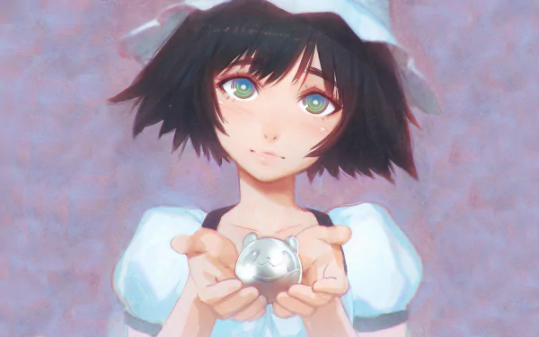 A beautiful HD desktop wallpaper from Steins;Gate featuring a girl with short black hair and striking green eyes, holding a small silver object in her hands.