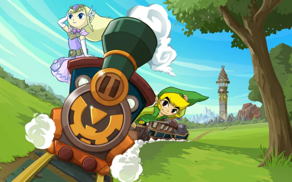 HD PC desktop wallpaper featuring characters from the video game The Legend of Zelda: Spirit Tracks riding a train through a vibrant, lush landscape.